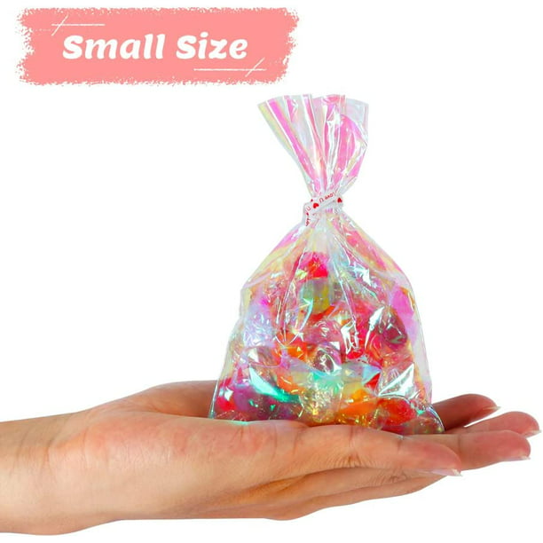 HRX Cellophane Bags 100pcs Small Iridescent Cellophane Treat Bags with Ties, Clear Goodie Bags 4x6 inch Holographic Plastic Goody Bags for Candy, Cake Pops, Favors, Weddings and Birthday