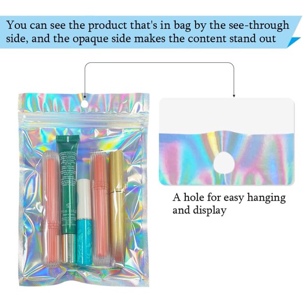 50pcs Holographic Foil Ziplock Bags 6x9 Inch, Resealable Mylar Sample Pouch Gift Baggies For Packaging Candy Jewelry Lash Lip Gloss