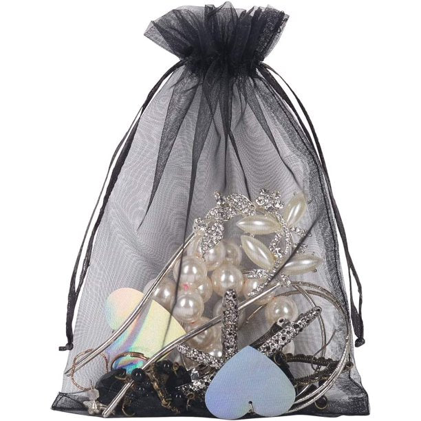 HRX Package Black Organza Bags 5x7 inch 100pcs, Mesh Candy Bags Jewelry Pouches Drawstring Empty Sachet for Present Wedding Giveaways