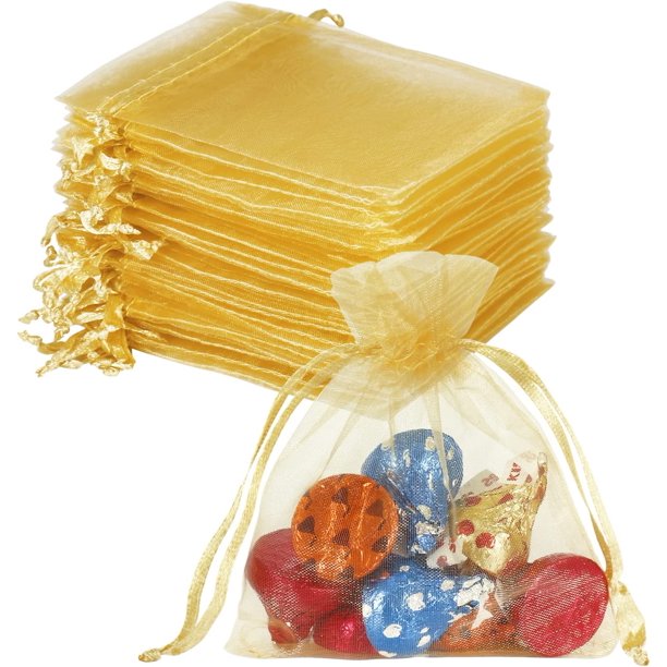 HRX Package 100pcs Little Gold Organza Bags 3 x 4 inch, Mesh Jewelry Pouches Drawstring Empty Sachets for Bracelets Candy Small Gift