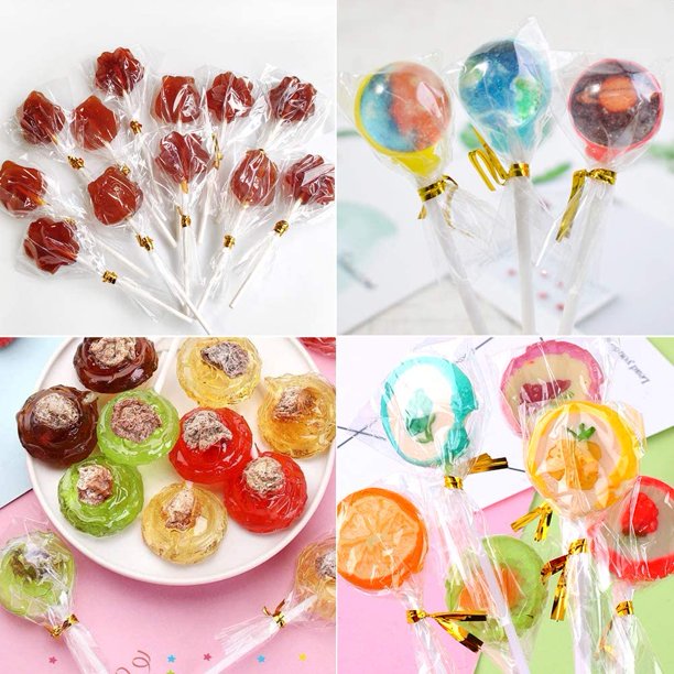 100pcs Small Cake Pop Bags with 100pcs Paper Lollipop Sticks and 110pcs Gold Twist Ties, Clear Cellophane Treat Wrappers and Sucker Sticks Kit