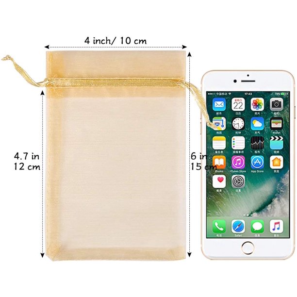 HRX Package 100pcs Gold Organza Gift Bags, 4 x 6 inch Candy Mesh Drawstring Favor Bags Jewelry Pouches for Christmas Wedding Party