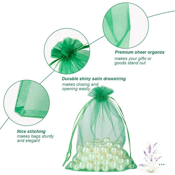 HRX Package 100pcs Large Organza Bags Green, 5x7 inch Mesh Drawstring Gift Bags Jewelry Pouches for Christmas Candy Party Favor Gift Small Bags