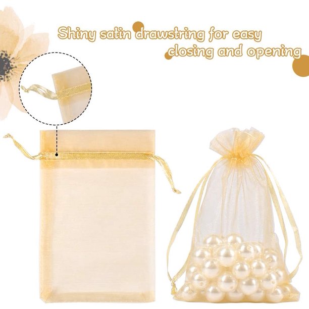 HRX Package 100pcs Gold Organza Gift Bags, 4 x 6 inch Candy Mesh Drawstring Favor Bags Jewelry Pouches for Christmas Wedding Party