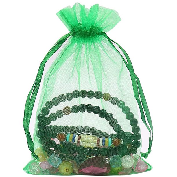 HRX Package 100pcs Organza Drawstring Bags Green, 4 x 6 inch Candy Mesh Gift Bags Jewelry Pouches Small Christmas Sachet