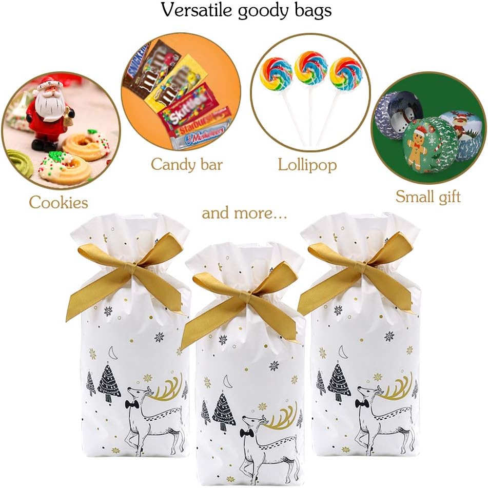 HRX Package 50pcs Plastic Treat Bags with Bows, Drawstring Gift Bags Candy Bags Party Favor Bags for Christmas Goodies Cookies (5.8x9.3x2.4 inch)