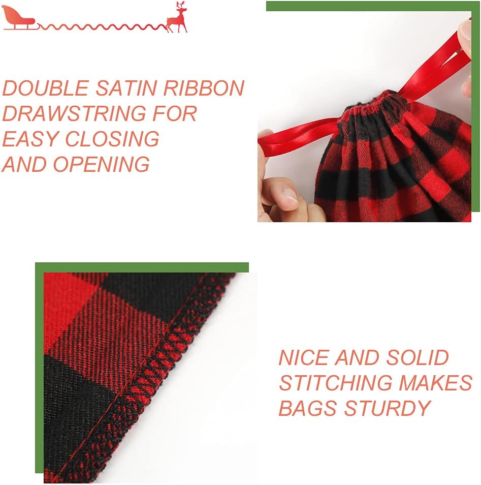 HRX Package Big Fabric Drawstring Gift Bags, 6pcs Reusable Christmas Sacks Red and Black Buffalo Plaid Cloth Pouches for Xmas Presents Party Favor