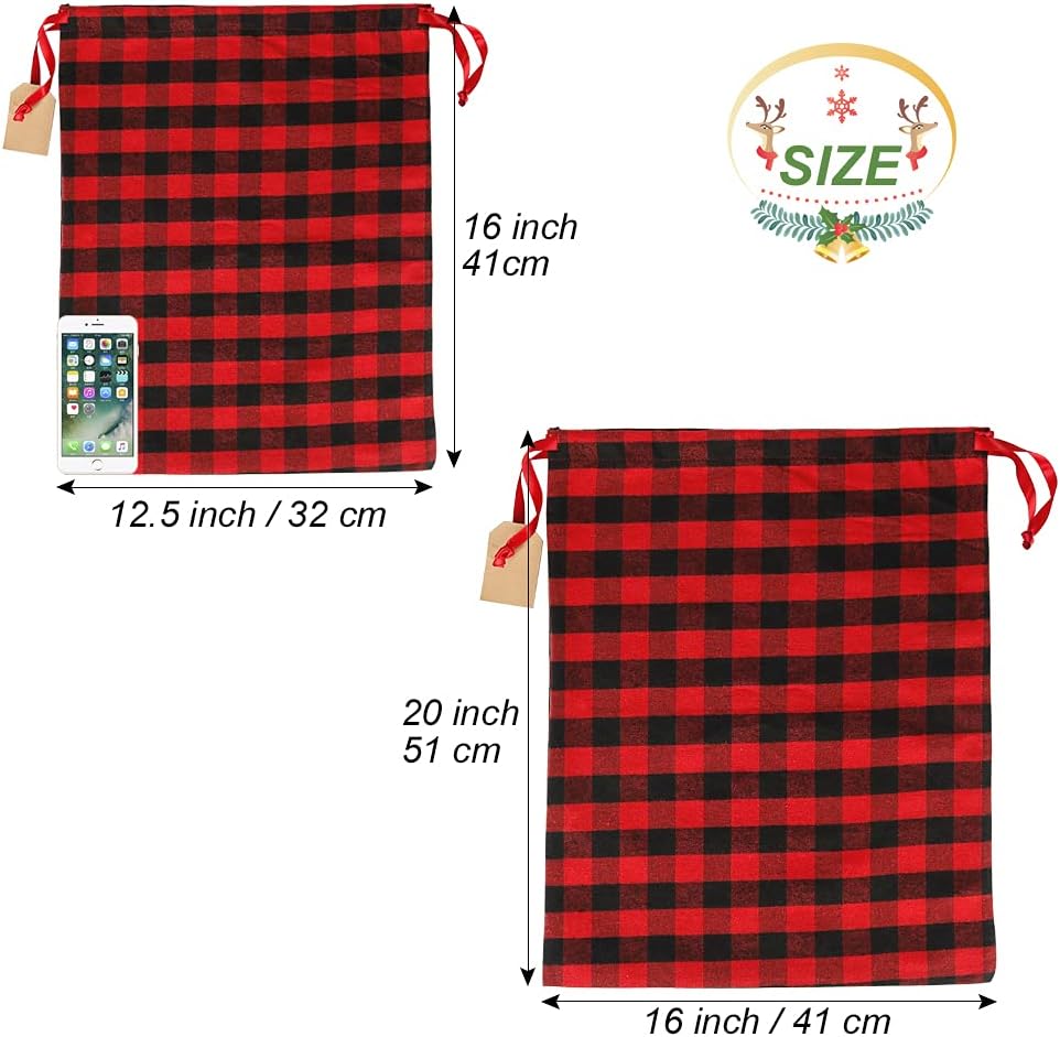 HRX Package Big Fabric Drawstring Gift Bags, 6pcs Reusable Christmas Sacks Red and Black Buffalo Plaid Cloth Pouches for Xmas Presents Party Favor