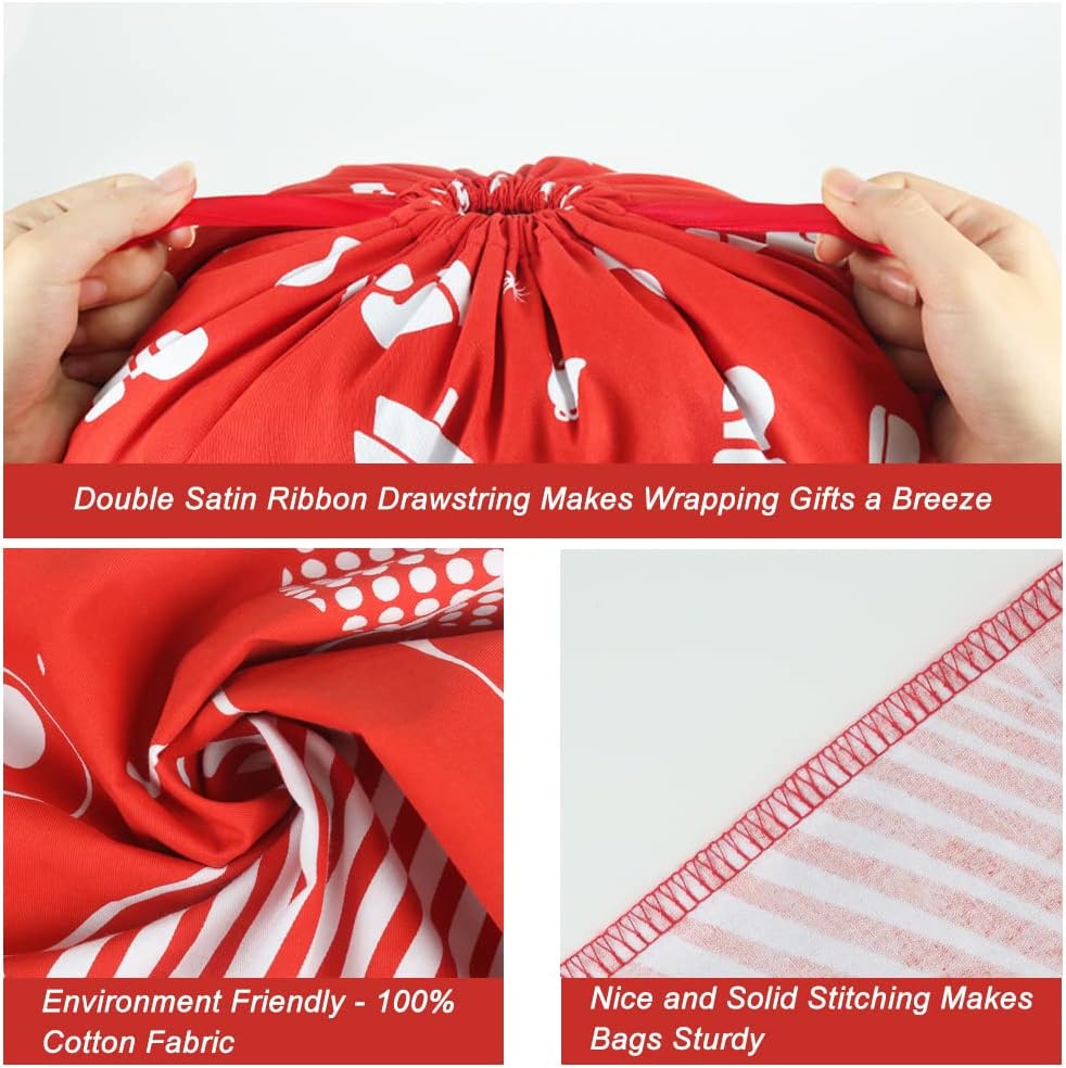 HRX Package Fabric Drawstring Gift Bags 20x16 inch, 100% Cotton 3pcs Reusable Christmas Wrapping Sacks Cloth Pouches for Xmas Presents Party Favor