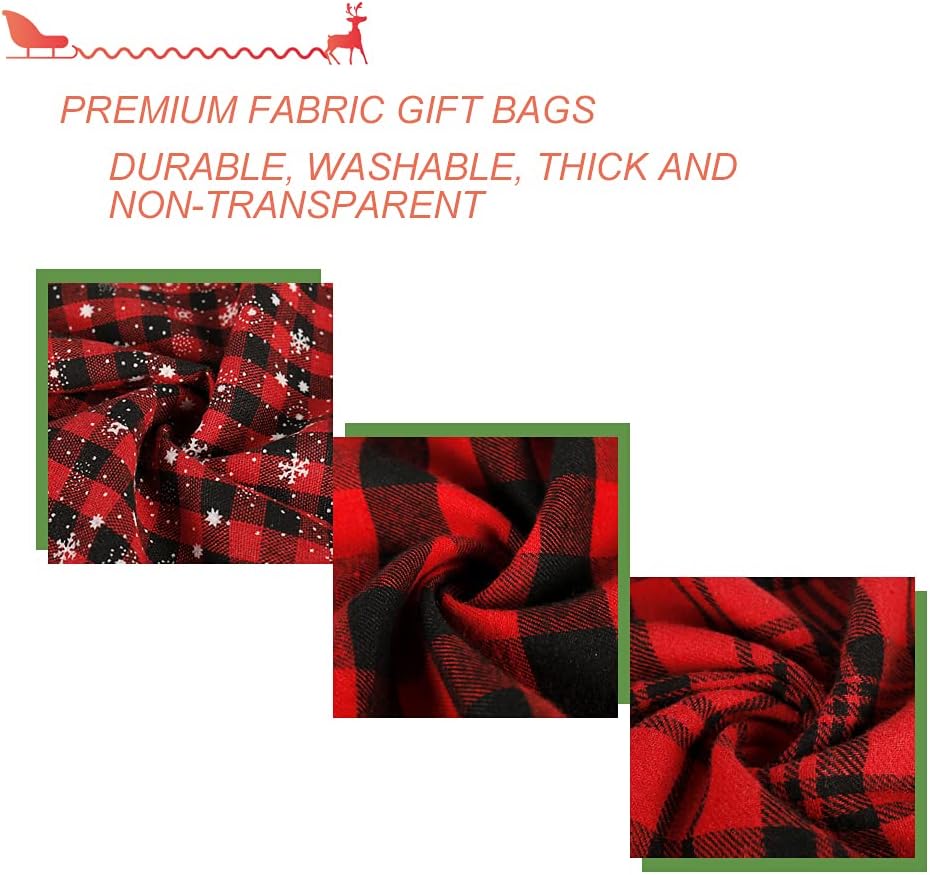 HRX Package Big Fabric Drawstring Gift Bags, 6pcs Reusable Christmas Sacks Red and Black Buffalo Plaid Cloth Pouches for Xmas Presents Party Favor