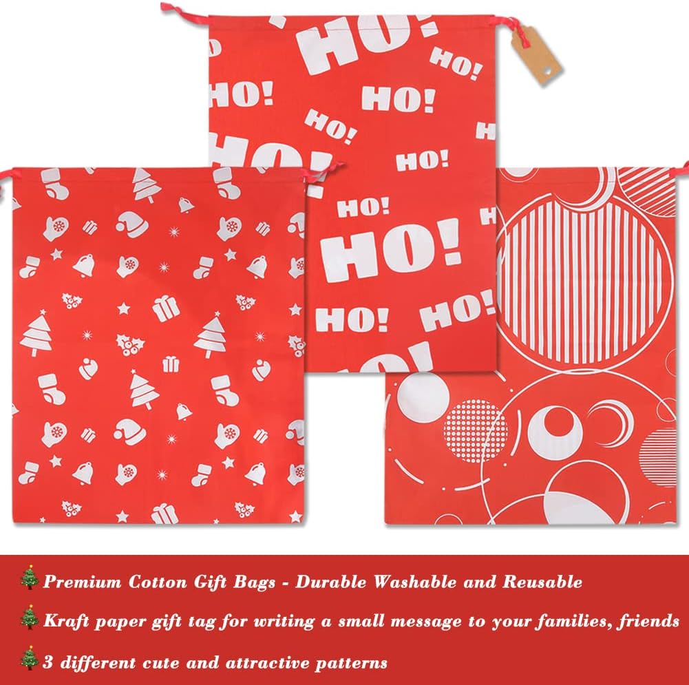 HRX Package Fabric Drawstring Gift Bags 20x16 inch, 100% Cotton 3pcs Reusable Christmas Wrapping Sacks Cloth Pouches for Xmas Presents Party Favor