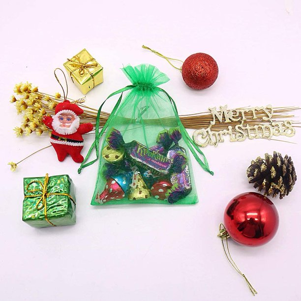 HRX Package 100pcs Organza Drawstring Bags Green, 4 x 6 inch Candy Mesh Gift Bags Jewelry Pouches Small Christmas Sachet