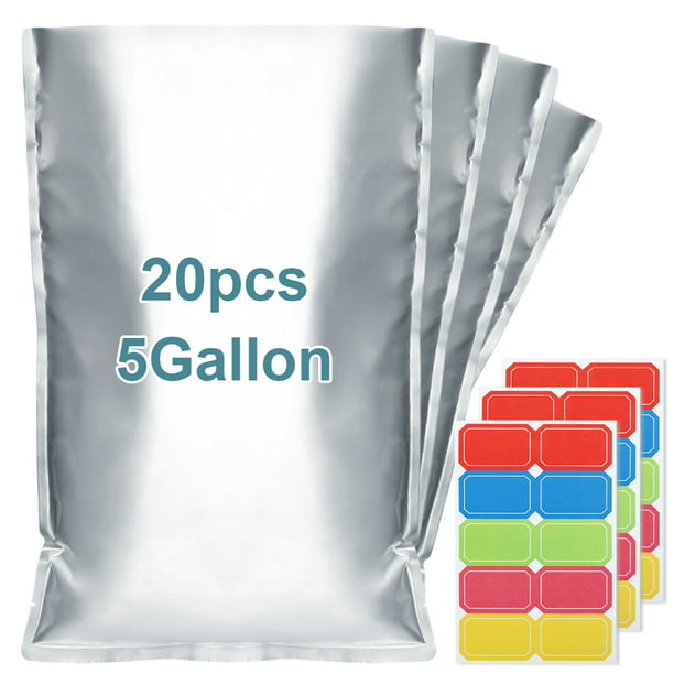 HRX 20pcs 5 GALLON Mylar Bags 10.5 Mil Mylar Bags for Food Storage with 30 Labels & Clips - for Long Term Food Storage Gallon Bags