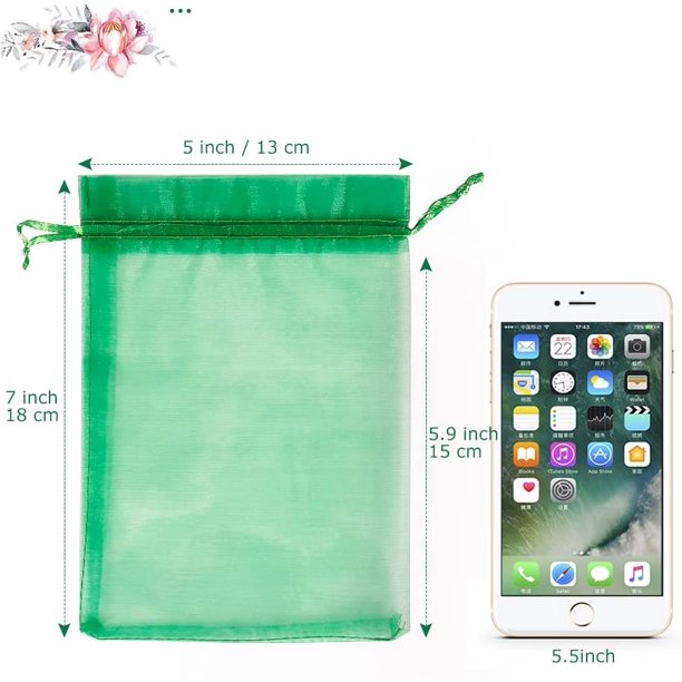 HRX Package 100pcs Large Organza Bags Green, 5x7 inch Mesh Drawstring Gift Bags Jewelry Pouches for Christmas Candy Party Favor Gift Small Bags