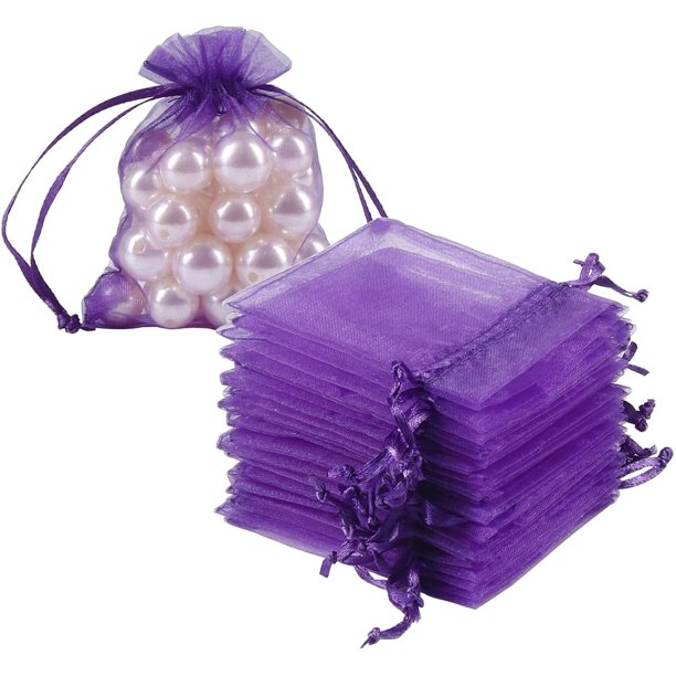 HRX Package 100pcs Little Organza Bags 3 x 4 inch, Purple Mesh Bags Drawstring Pouches for Jewelry Bracelets Candy Party Favor Small Gift