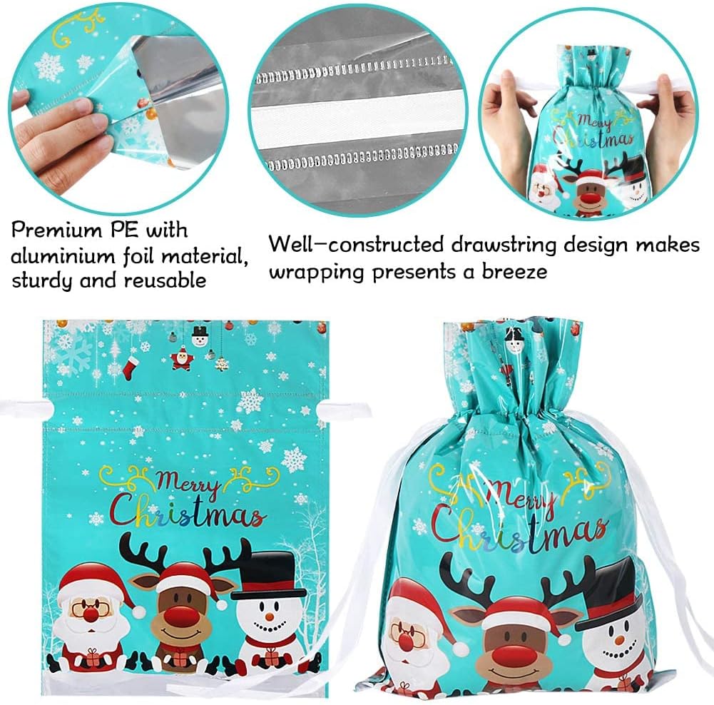 HRX Package Holiday Drawstring Gift Bags, 30pcs Christmas Foil Gift Wrapping Sacks Pouches for Xmas Presents Party Favor (Large Medium Small)