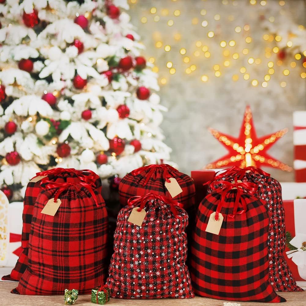 HRX Package Big Fabric Drawstring Gift Bags, 6pcs Reusable Christmas Sacks Red and Black Buffalo Plaid Cloth Pouches for Xmas Presents Party Favor