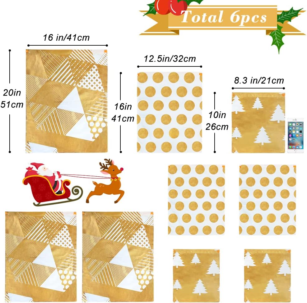 HRX Package Fabric Drawstring Gift Bags Assorted, 6pcs Gold Reusable Christmas Wrapping Sacks Cloth Pouches for Presents Party Favor