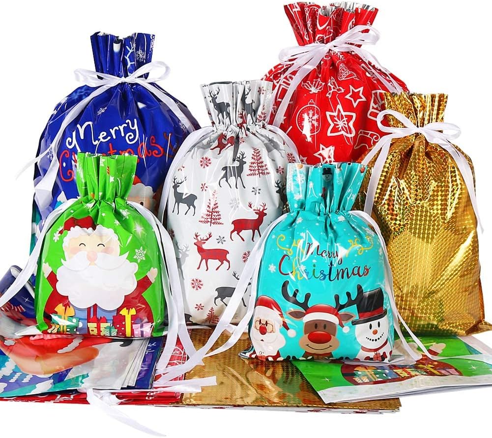 HRX Package Holiday Drawstring Gift Bags, 30pcs Christmas Foil Gift Wrapping Sacks Pouches for Xmas Presents Party Favor (Large Medium Small)