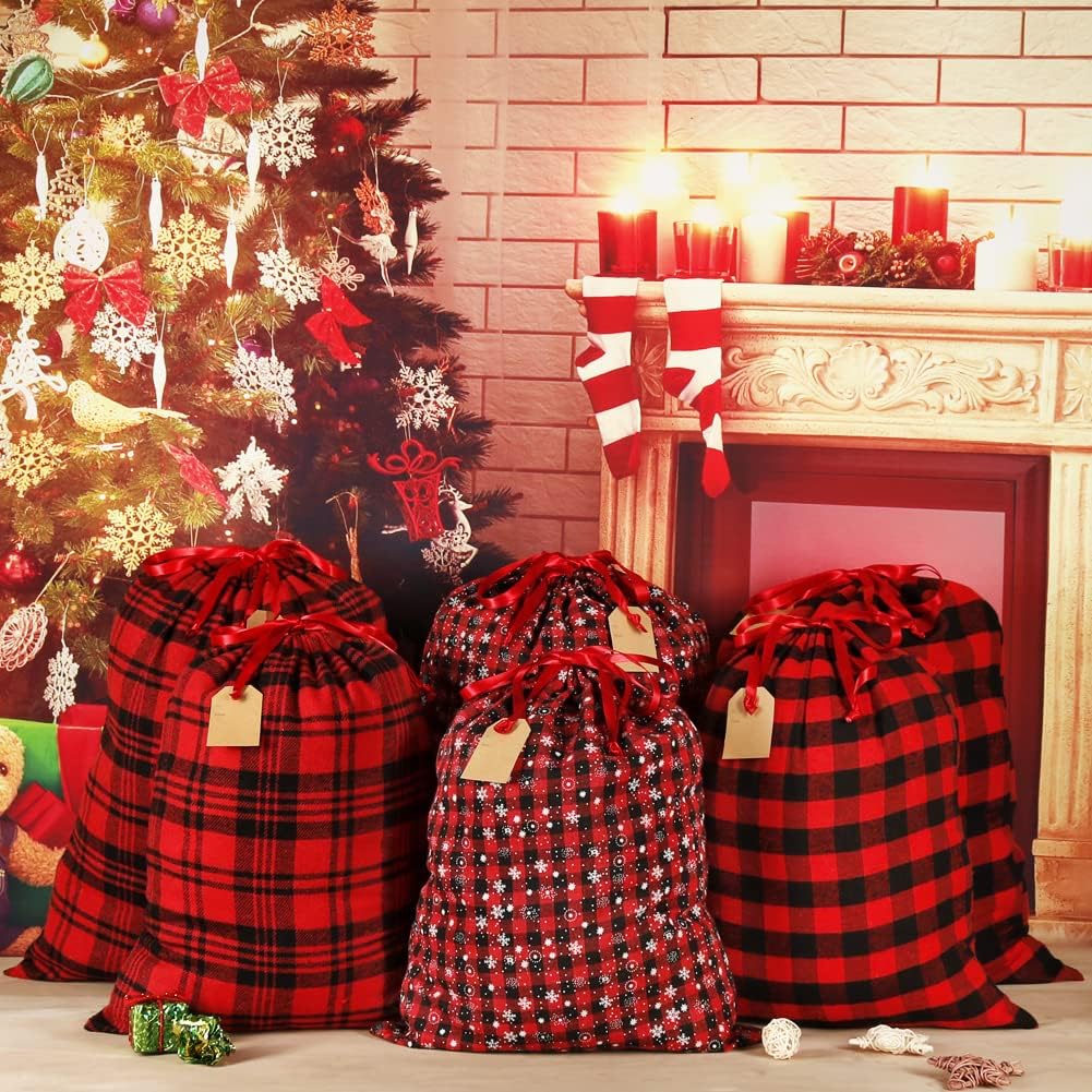 HRX Package Big Fabric Drawstring Gift Bags, 6pcs Reusable Christmas Sacks Red and Black Buffalo Plaid Cloth Pouches for Xmas Presents Party Favor