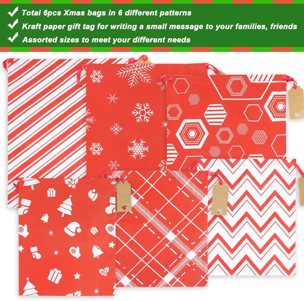 HRX Package Fabric Drawstring Gift Bags Assorted, 6pcs Reusable Christmas Wrapping Sacks Cloth Pouches for Xmas Presents Party Favor