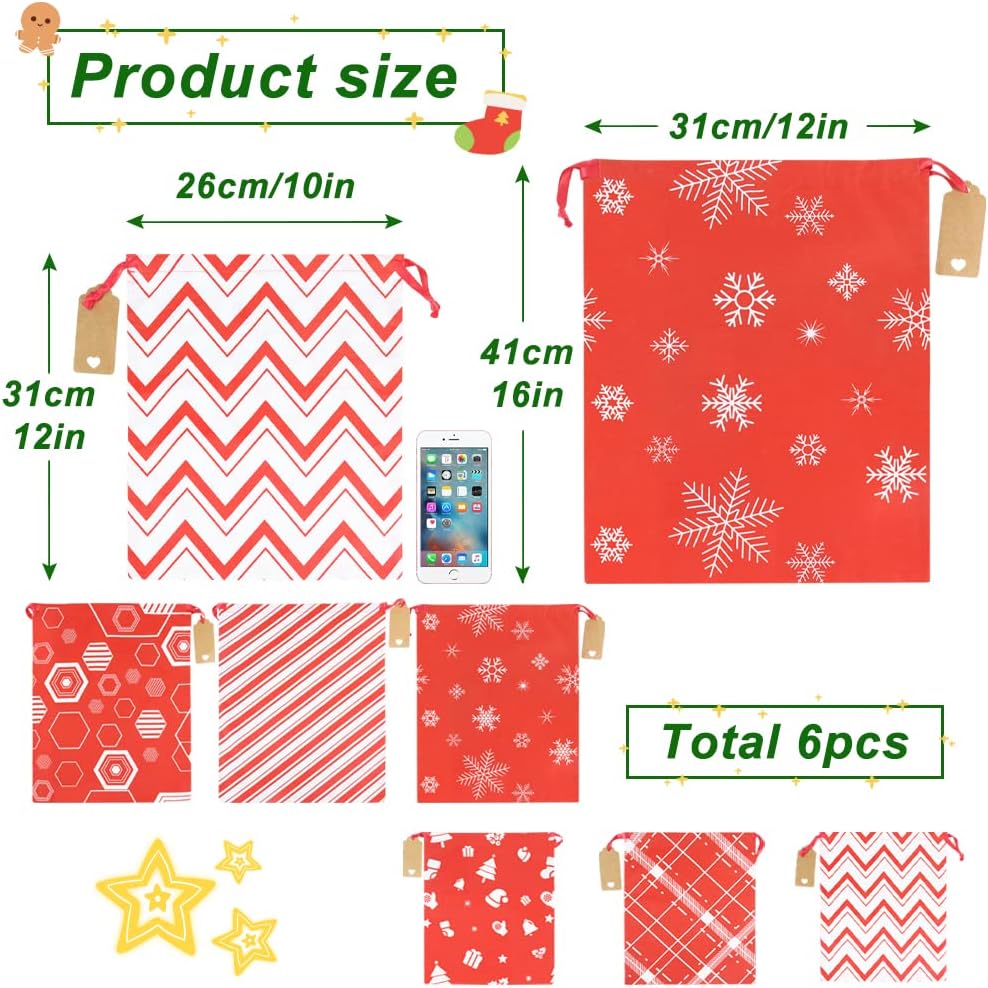 HRX Package Fabric Drawstring Gift Bags Assorted, 6pcs Reusable Christmas Wrapping Sacks Cloth Pouches for Xmas Presents Party Favor