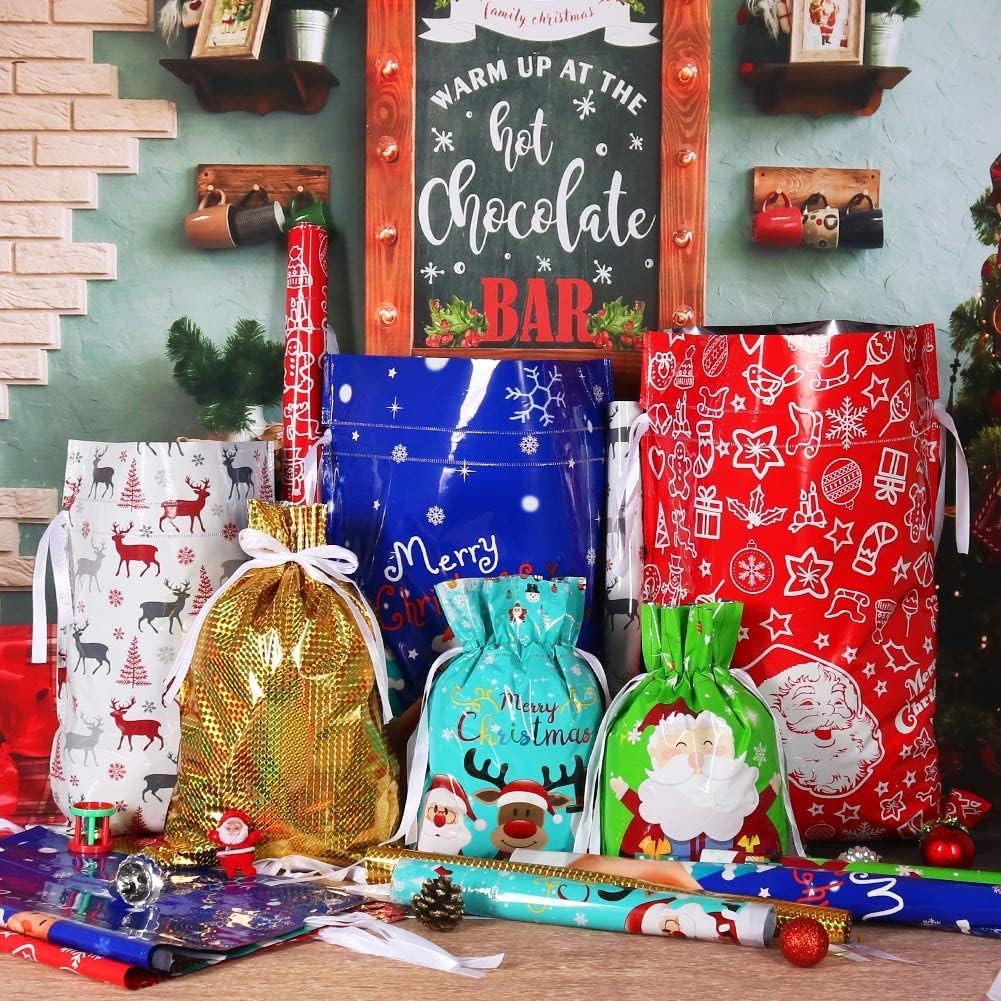 HRX Package Holiday Drawstring Gift Bags, 30pcs Christmas Foil Gift Wrapping Sacks Pouches for Xmas Presents Party Favor (Large Medium Small)