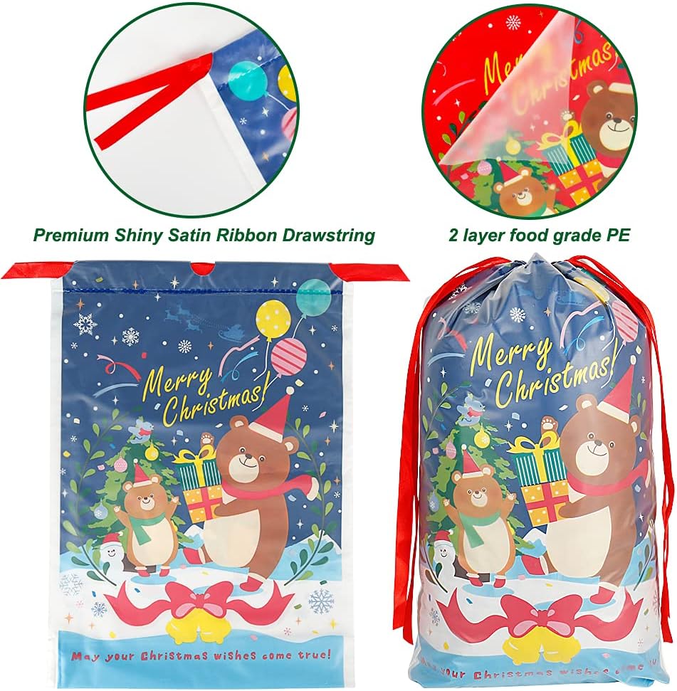 HRX Package Plastic Drawstring Gift Bags, 12pcs Christmas Treat Bags Goodie Pouches for Xmas Presents Party Favor