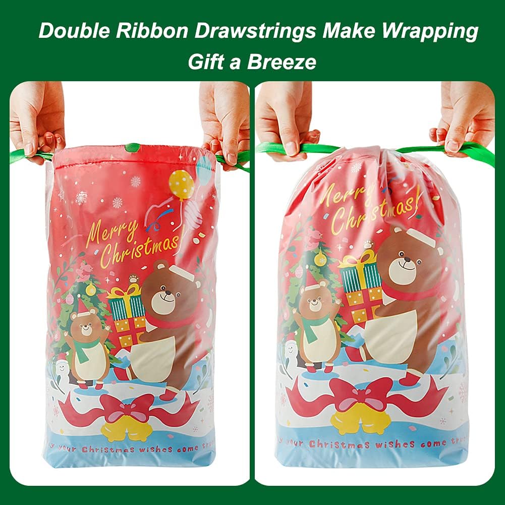 HRX Package Plastic Drawstring Gift Bags, 12pcs Christmas Treat Bags Goodie Pouches for Xmas Presents Party Favor