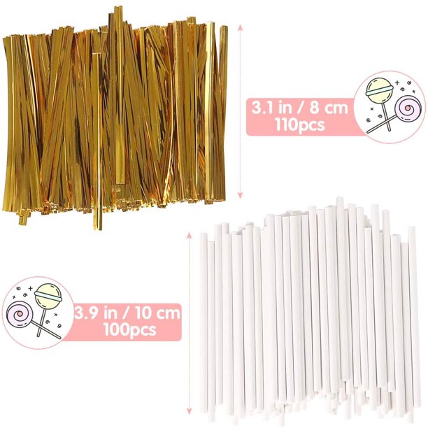 100pcs Small Cake Pop Bags with 100pcs Paper Lollipop Sticks and 110pcs Gold Twist Ties, Clear Cellophane Treat Wrappers and Sucker Sticks Kit