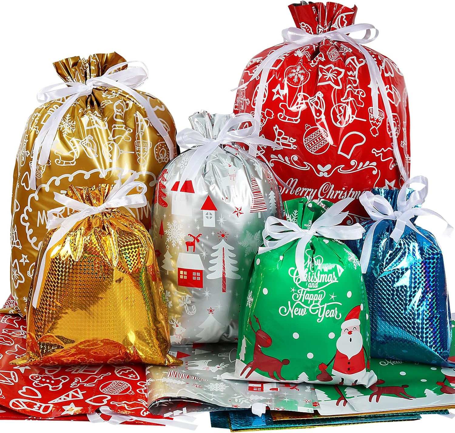 HRX Package 30pcs Foil Drawstring Christmas Gift Bags Assorted Sizes, Holiday Gift Wrapping Sacks Xmas Pouches for Presents