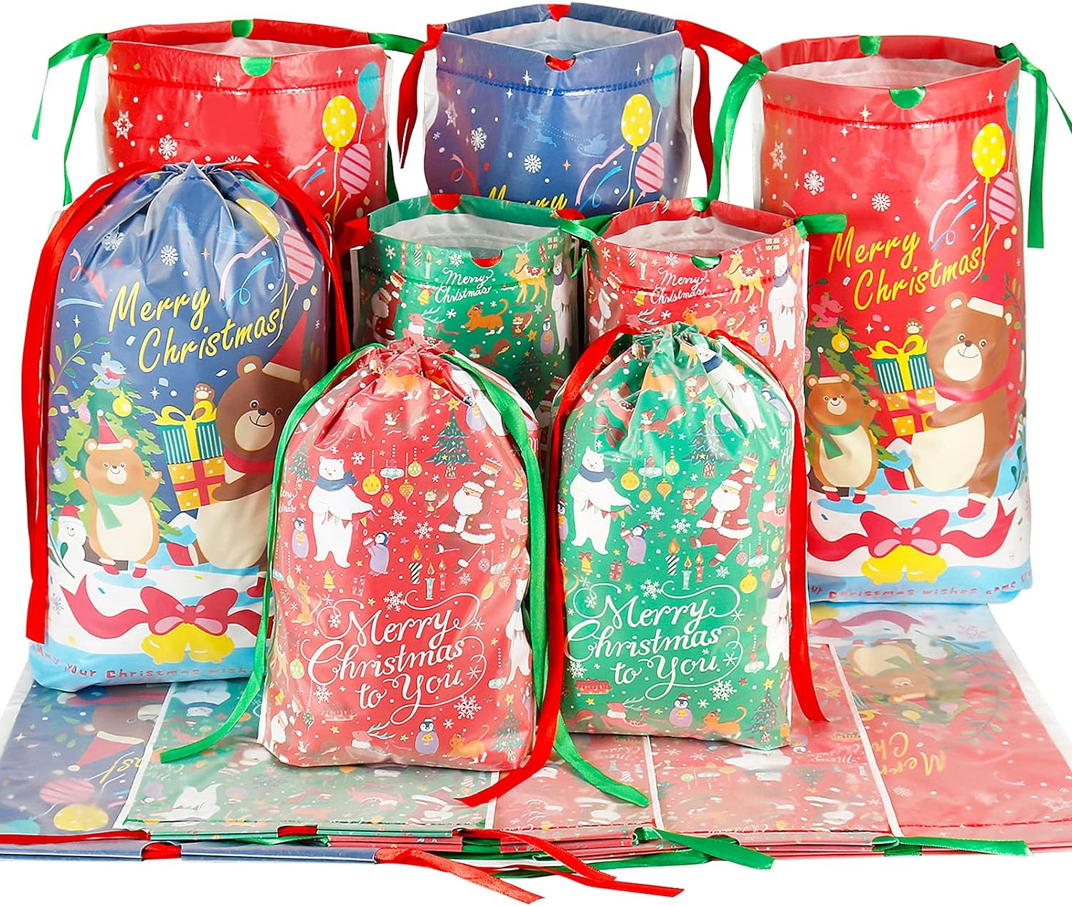 HRX Package Plastic Drawstring Gift Bags, 12pcs Christmas Treat Bags Goodie Pouches for Xmas Presents Party Favor