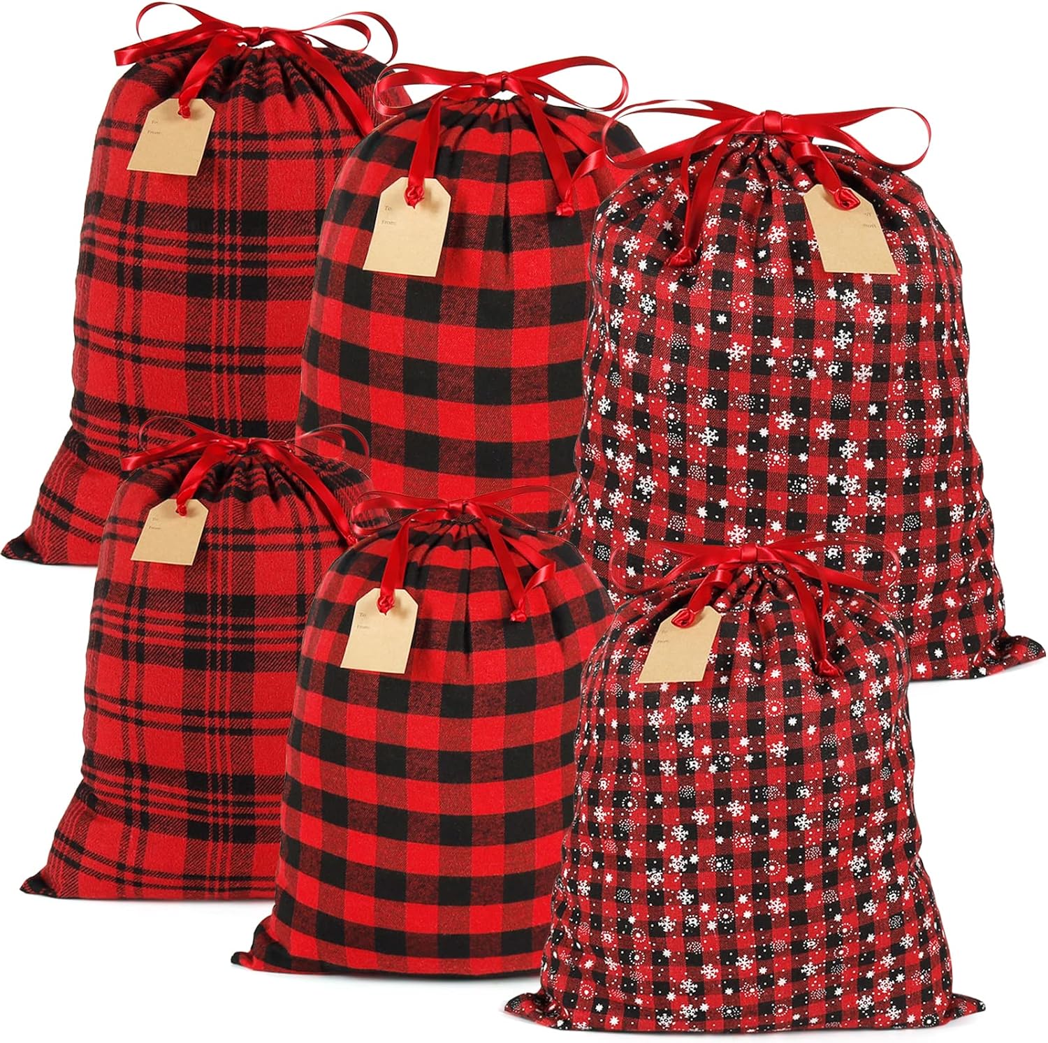 HRX Package Big Fabric Drawstring Gift Bags, 6pcs Reusable Christmas Sacks Red and Black Buffalo Plaid Cloth Pouches for Xmas Presents Party Favor