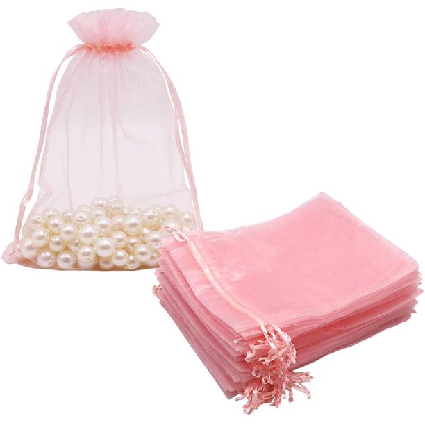 HRX Package 100pcs Blush Pink Organza Bags Large, 6 x 9 inch Drawstring Gift Pouches Mesh Party Favor Bags for Christmas Wedding Baby Shower