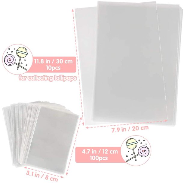 100pcs Small Cake Pop Bags with 100pcs Paper Lollipop Sticks and 110pcs Gold Twist Ties, Clear Cellophane Treat Wrappers and Sucker Sticks Kit