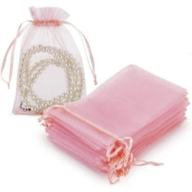 HRX Package 100pcs Blush Pink Organza Gift Bags, 4 x 6 inch Candy Mesh Drawstring Bags Jewelry Pouches for Christmas Wedding Baby Shower Party