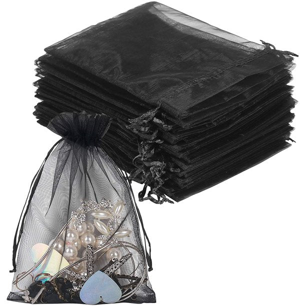 HRX Package Black Organza Bags 5x7 inch 100pcs, Mesh Candy Bags Jewelry Pouches Drawstring Empty Sachet for Present Wedding Giveaways