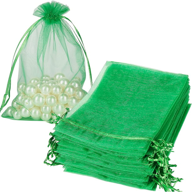 HRX Package 100pcs Large Organza Bags Green, 5x7 inch Mesh Drawstring Gift Bags Jewelry Pouches for Christmas Candy Party Favor Gift Small Bags