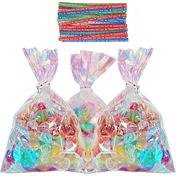 HRX Cellophane Bags 100pcs Small Iridescent Cellophane Treat Bags with Ties, Clear Goodie Bags 4x6 inch Holographic Plastic Goody Bags for Candy, Cake Pops, Favors, Weddings and Birthday