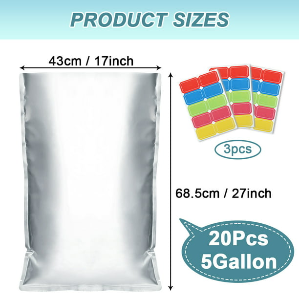 HRX 20pcs 5 GALLON Mylar Bags 10.5 Mil Mylar Bags for Food Storage with 30 Labels & Clips - for Long Term Food Storage Gallon Bags