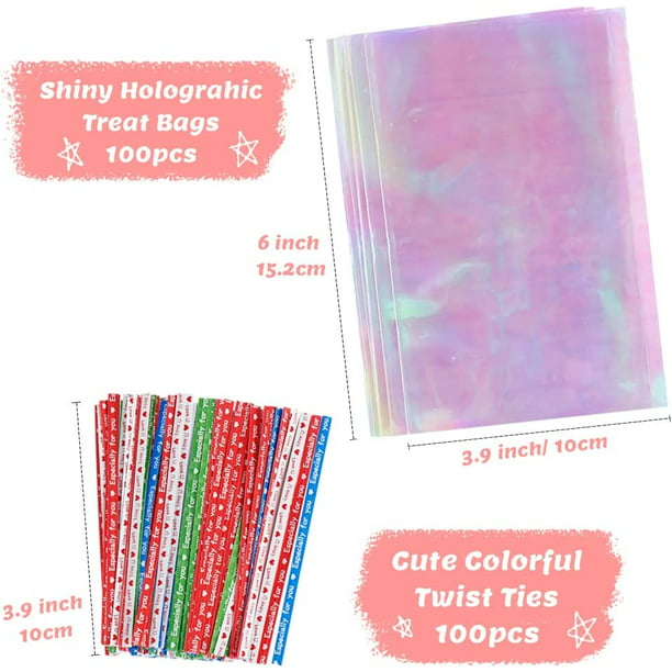 HRX Cellophane Bags 100pcs Small Iridescent Cellophane Treat Bags with Ties, Clear Goodie Bags 4x6 inch Holographic Plastic Goody Bags for Candy, Cake Pops, Favors, Weddings and Birthday