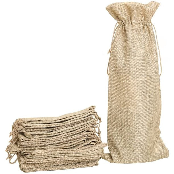 Clearance! 10pcs Jute Wine Bags, 14 x 6 1/4 inches Hessian Wine Bottle Gift Bags with Drawstring (Brown)