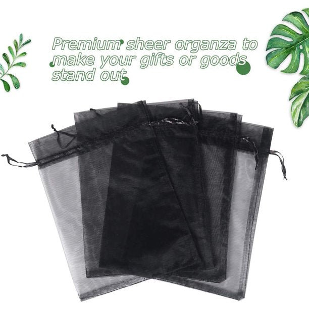 HRX Package Black Organza Bags 6x9 inch 100pcs, Mesh Candy Bags Jewelry Gift Pouches Drawstring Empty Sachet for Halloween Present Giveaways