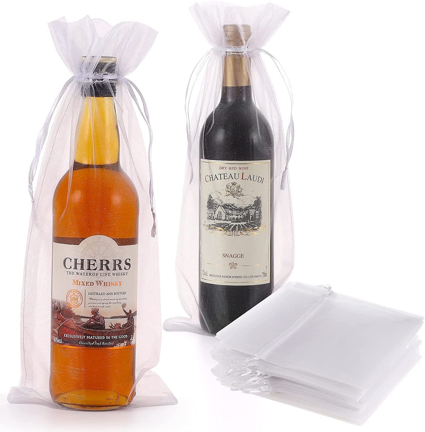 30pcs White Organza Wine Bags, Sheer Mesh Wine Gift Pouches Bottle Covers Dresses Drawstring for Bottle Wrap Christmas Wedding Party Favors Samples Display Decoration