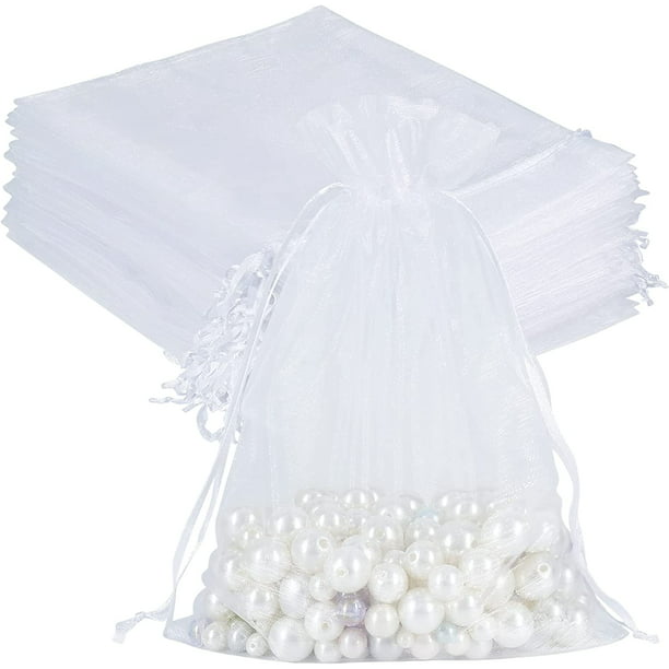 Organza Bags HRX Package 100pcs Sheer Organza Bags White, 6 x 9 inches Christmas Wedding Shower Party Favors Gift Drawstring Bags Large Mesh Jewelry Pouches