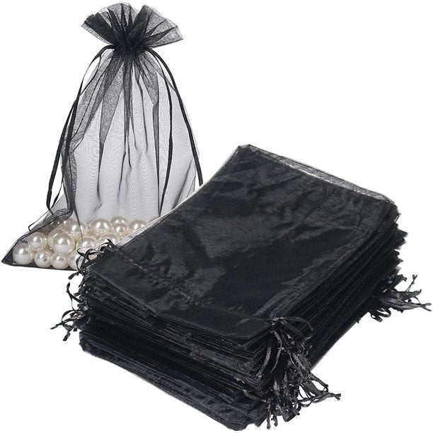 HRX Package Black Organza Bags 6x9 inch 100pcs, Mesh Candy Bags Jewelry Gift Pouches Drawstring Empty Sachet for Halloween Present Giveaways