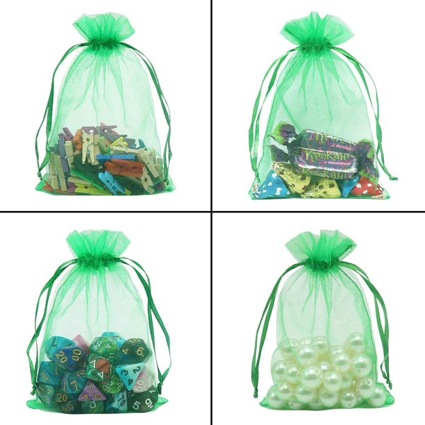 HRX Package 100pcs Organza Drawstring Bags Green, 4 x 6 inch Candy Mesh Gift Bags Jewelry Pouches Small Christmas Sachet