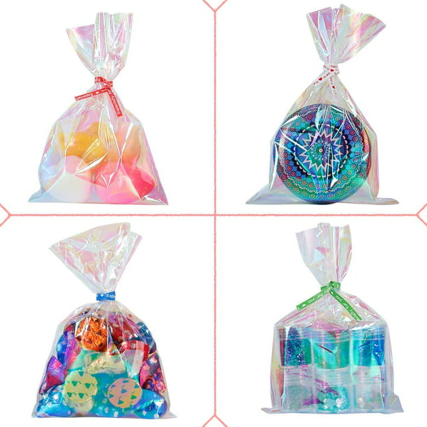 HRX Cellophane Bags 100pcs Small Iridescent Cellophane Treat Bags with Ties, Clear Goodie Bags 4x6 inch Holographic Plastic Goody Bags for Candy, Cake Pops, Favors, Weddings and Birthday