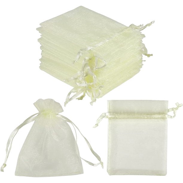 HRX Package 100pcs Little Organza Bags 3 x 4 inch, Beige Mesh Bags Drawstring Pouches for Jewelry Bracelets Candy Party Favor Small Gift