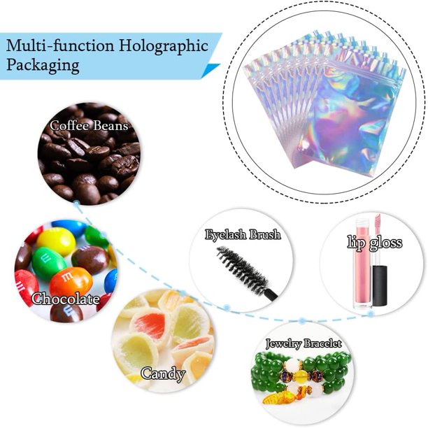 50pcs Holographic Foil Ziplock Bags 6x9 Inch, Resealable Mylar Sample Pouch Gift Baggies For Packaging Candy Jewelry Lash Lip Gloss